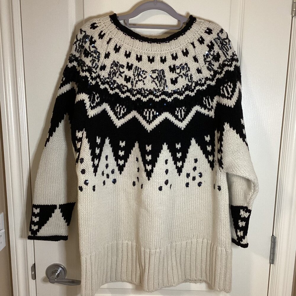 Zara Knit Women's Wool Blend Oversized Chunky Knit Sweater Black White Size M